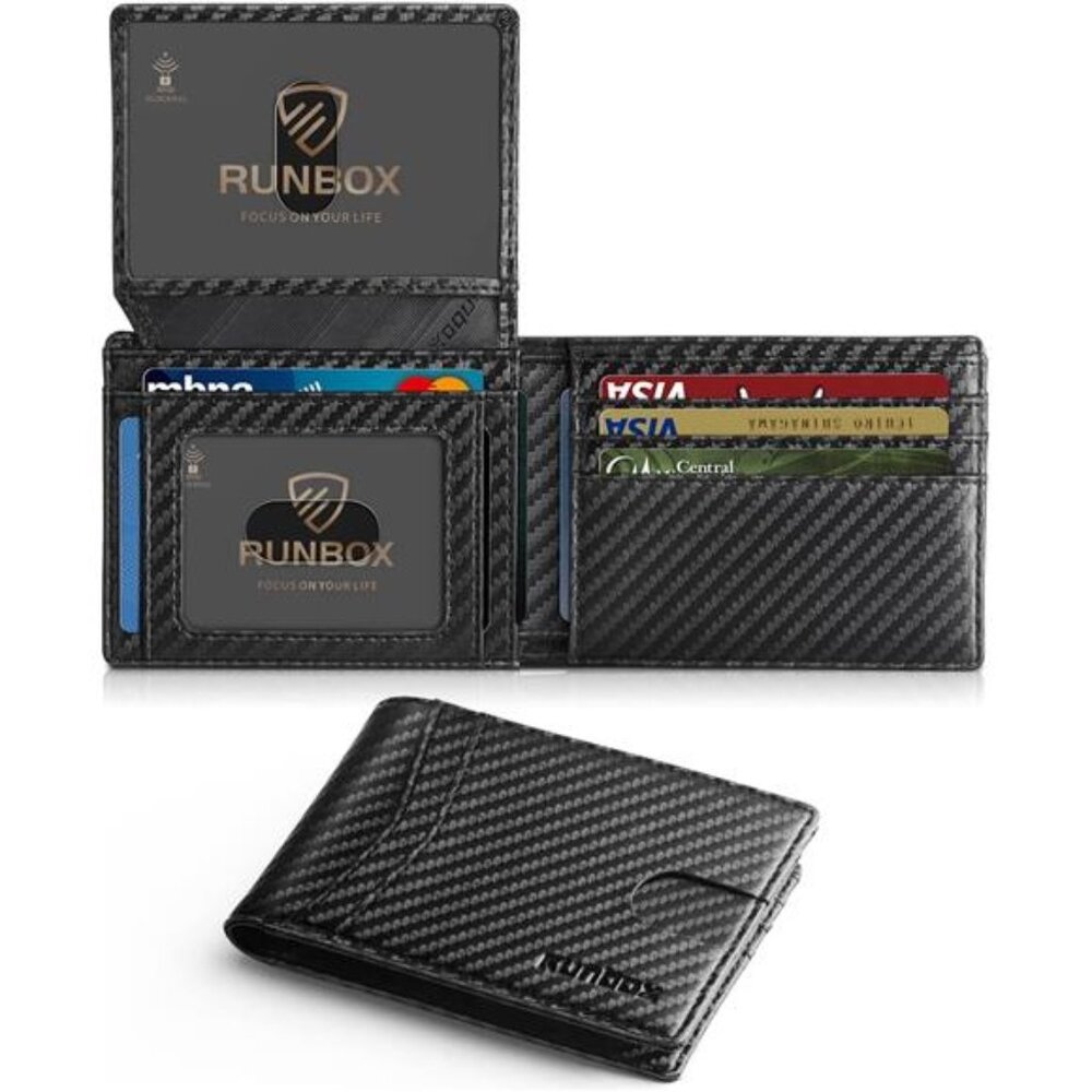 Rfid Wallet for Men Slim Leather 2 ID Window With Gift Box Carbon Black